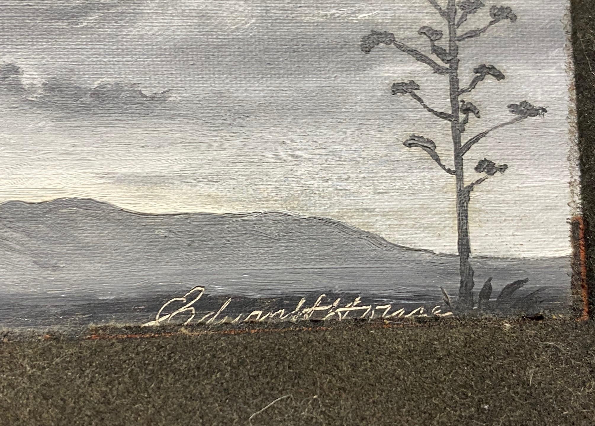 Peinture à l'huile signée Edwin H House, paysage de montagnes du désert en noir et blanc de l'Arizona en vente 1