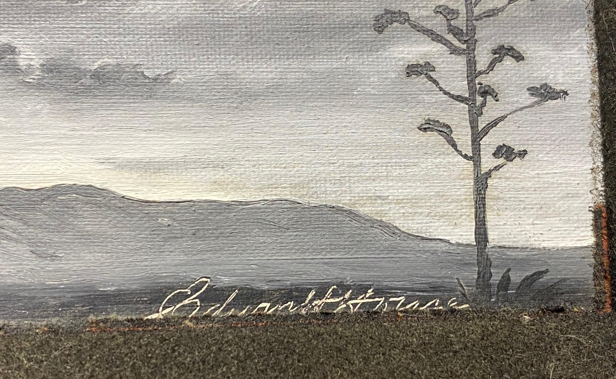Peinture à l'huile signée Edwin H House, paysage de montagnes du désert en noir et blanc de l'Arizona en vente 2