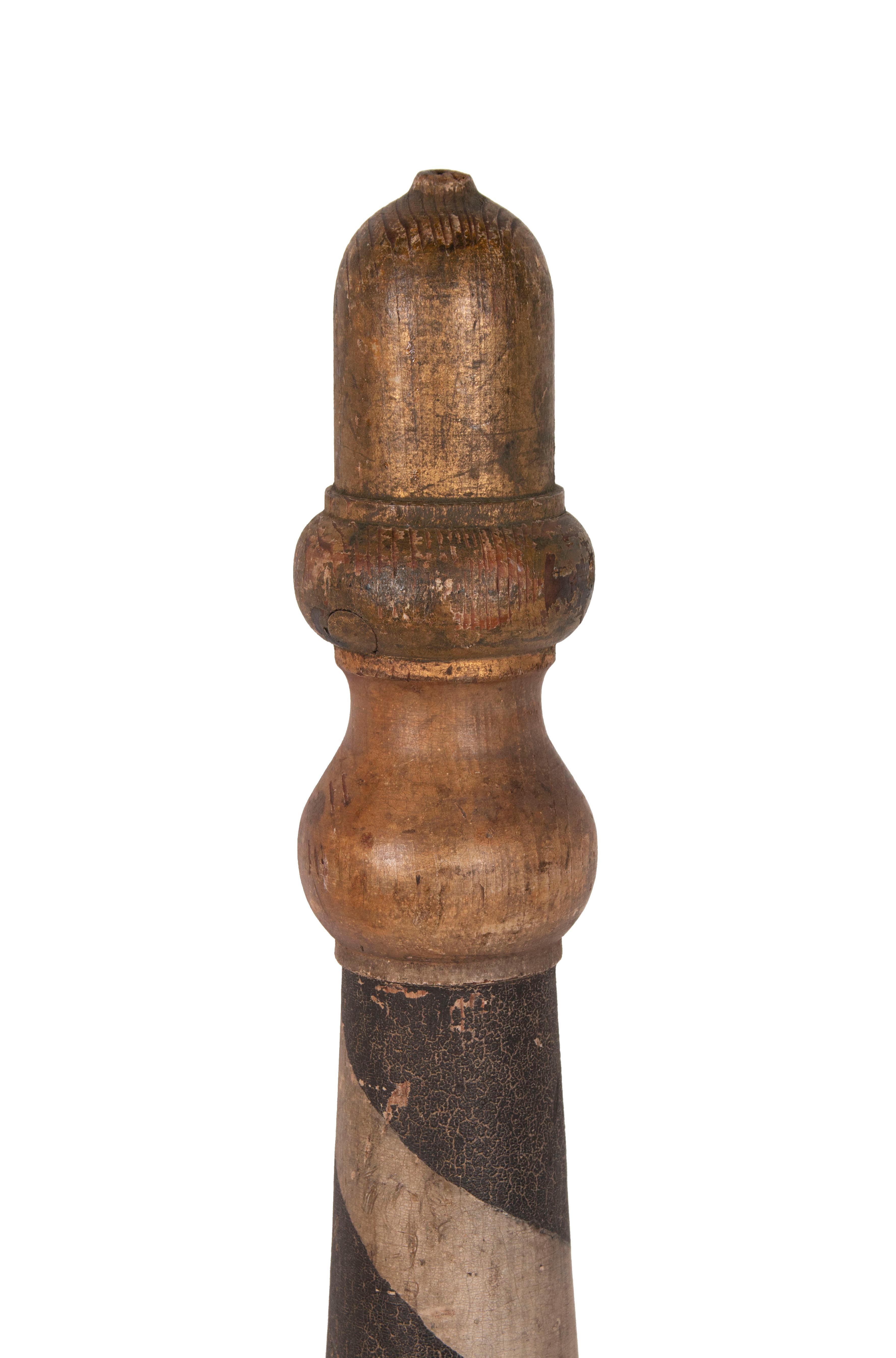 American Black & White Barber Pole with Acorn Finials, ca 1840-1860