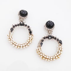 Black & White Beaded Drop Hoop Statement Earrings By Original By Robért, 1950s