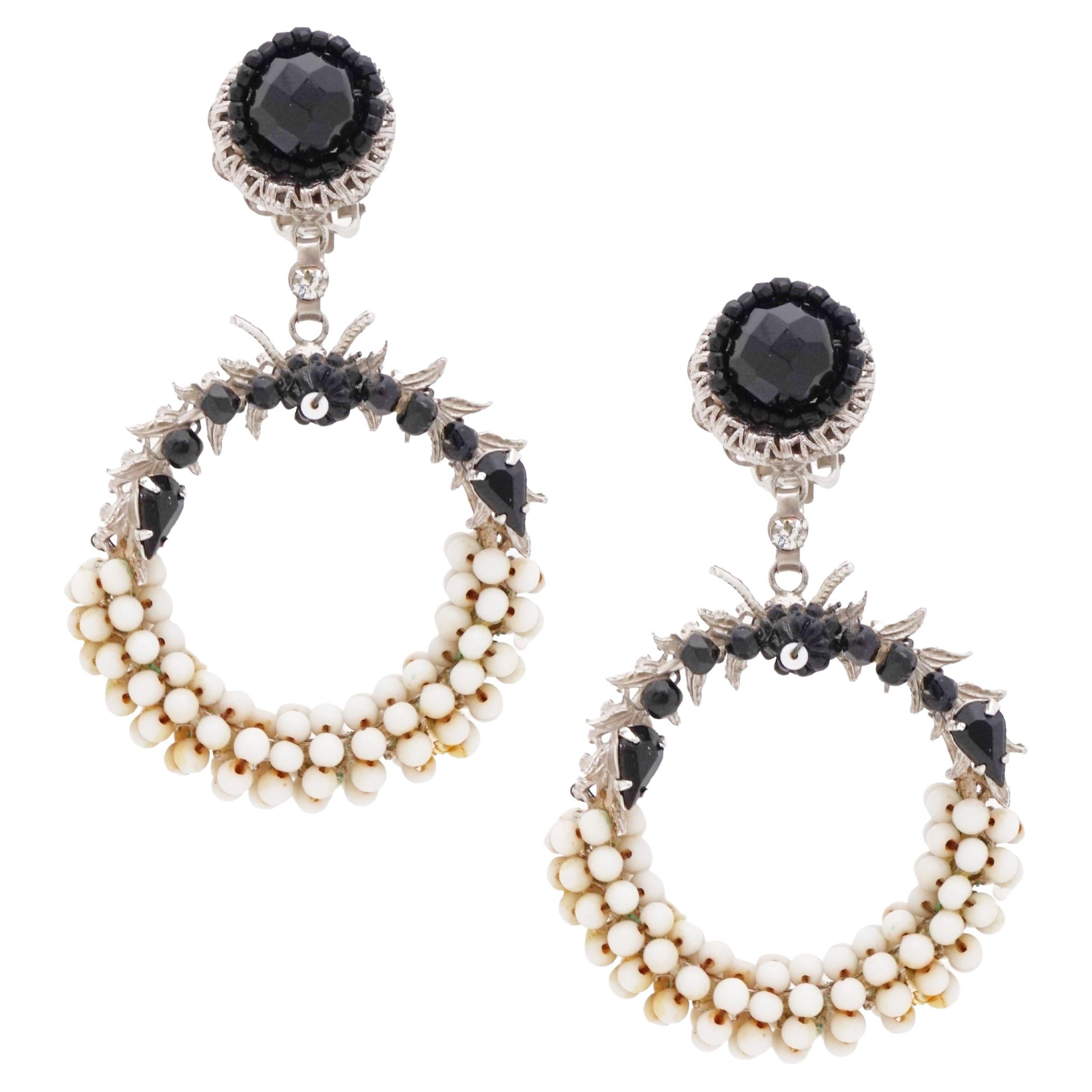 Black & White Beaded Drop Hoop Statement Earrings By Original By Robért, 1950s For Sale