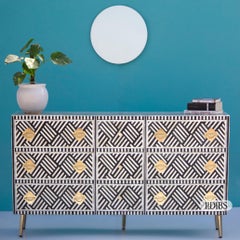 Black & White Bone Inlay Nine-Drawer Dresser with Brass Knobs by House of Jaipur
