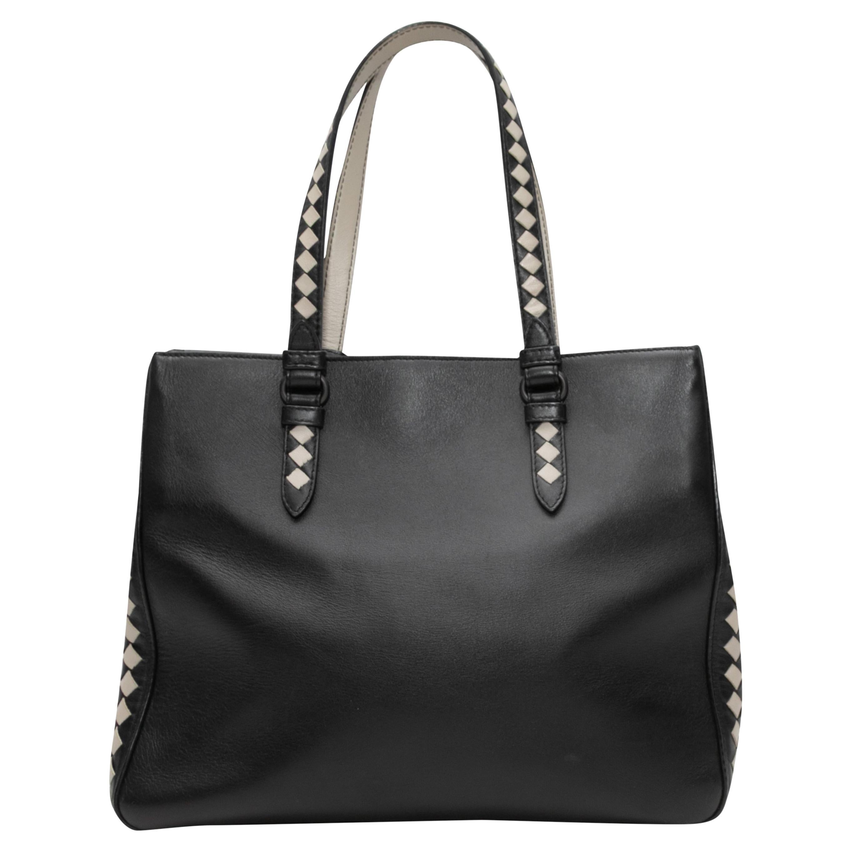 Black & White Bottega Veneta Intrecciato & Leather Tote Bag For Sale