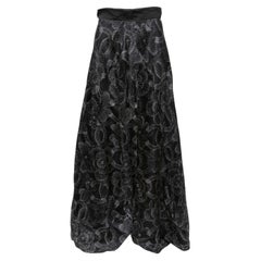 Black & White Chanel Logo & Camellia Print Silk Maxi Skirt Size FR 38