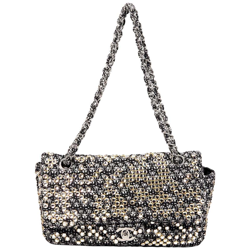 Black and White Chanel Tweed Classic Flap Bag with Swarovski Crystals ...
