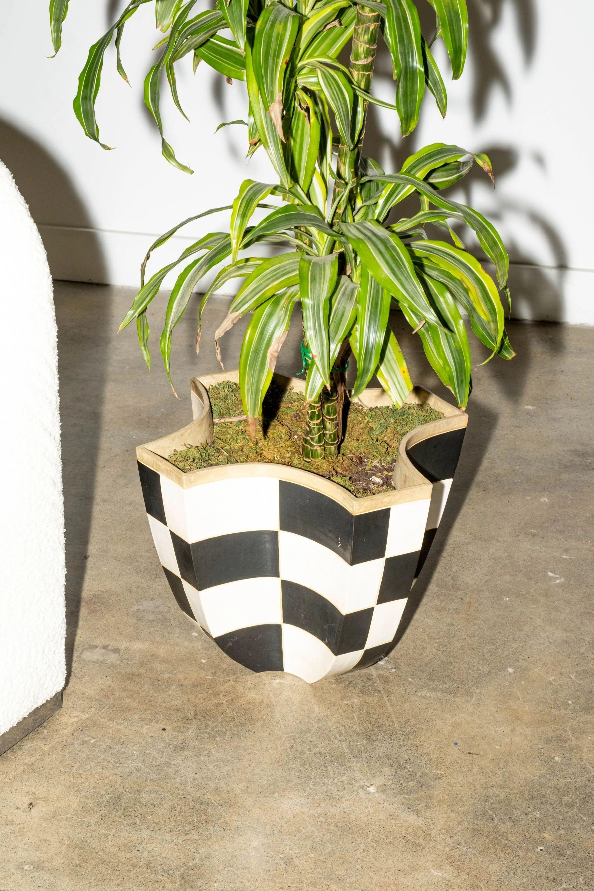 This planter has the force of a checkerboard floor and the dynamism of a racing flag. While its unusual shape makes it seem attention-hungry, the black-and-white scheme allows it to blend in with a surprising range of settings. By well-known