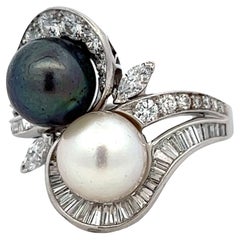 Black & White Cultured Pearl Diamond Platinum Bypass Cocktail Estate Ring 