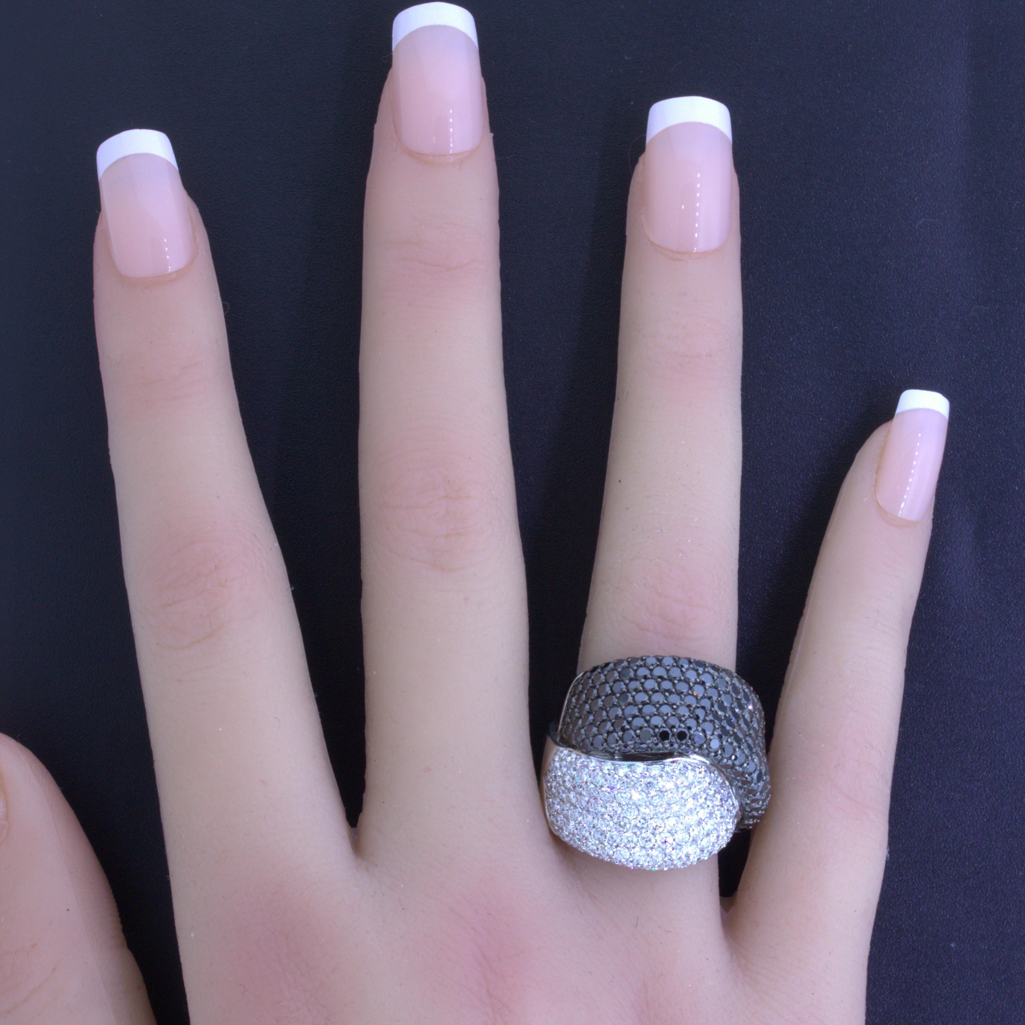 Women's or Men's Black & White Diamond 18k White Gold Crossover Ring For Sale