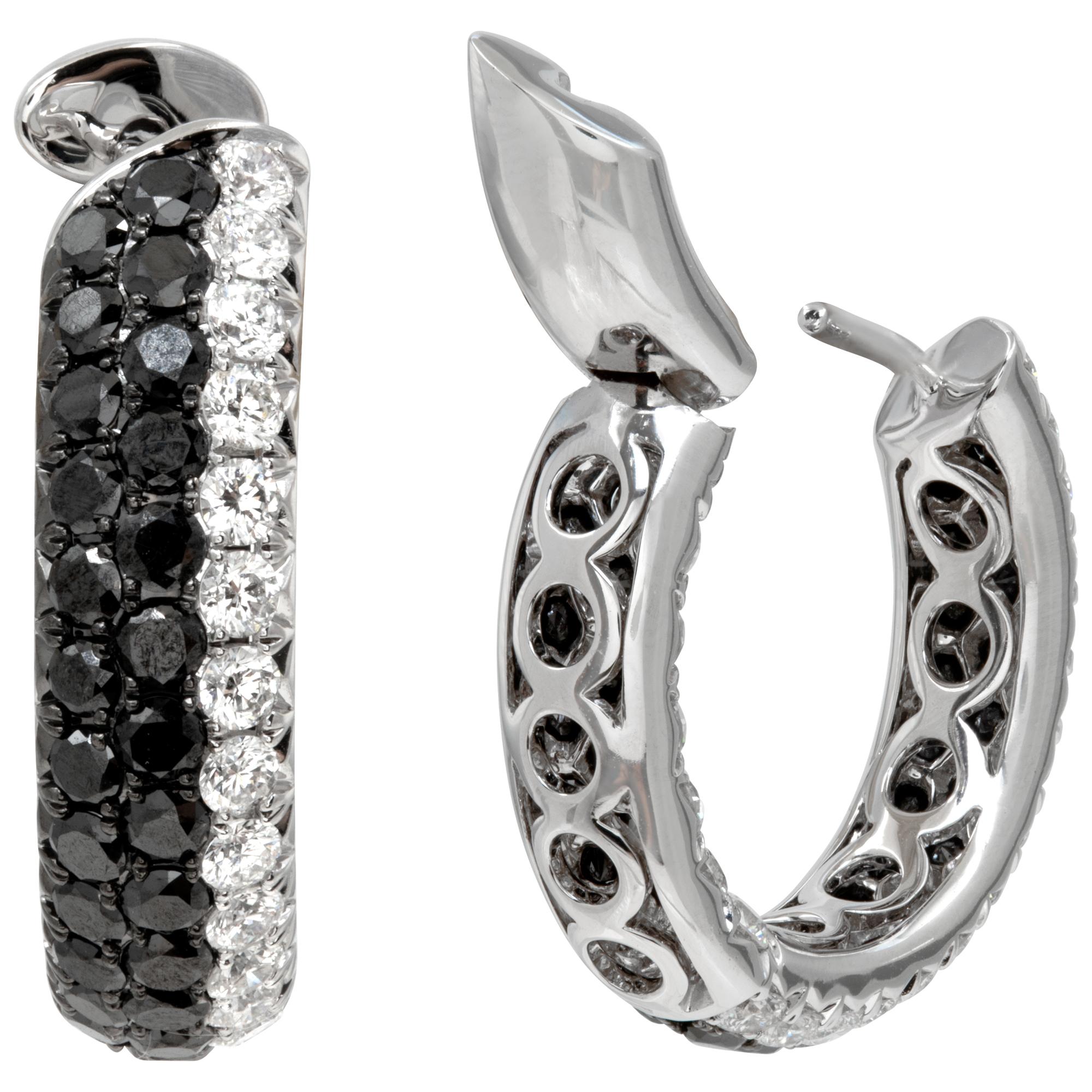 Women's Black & white diamond 18k white gold hoop earrings For Sale