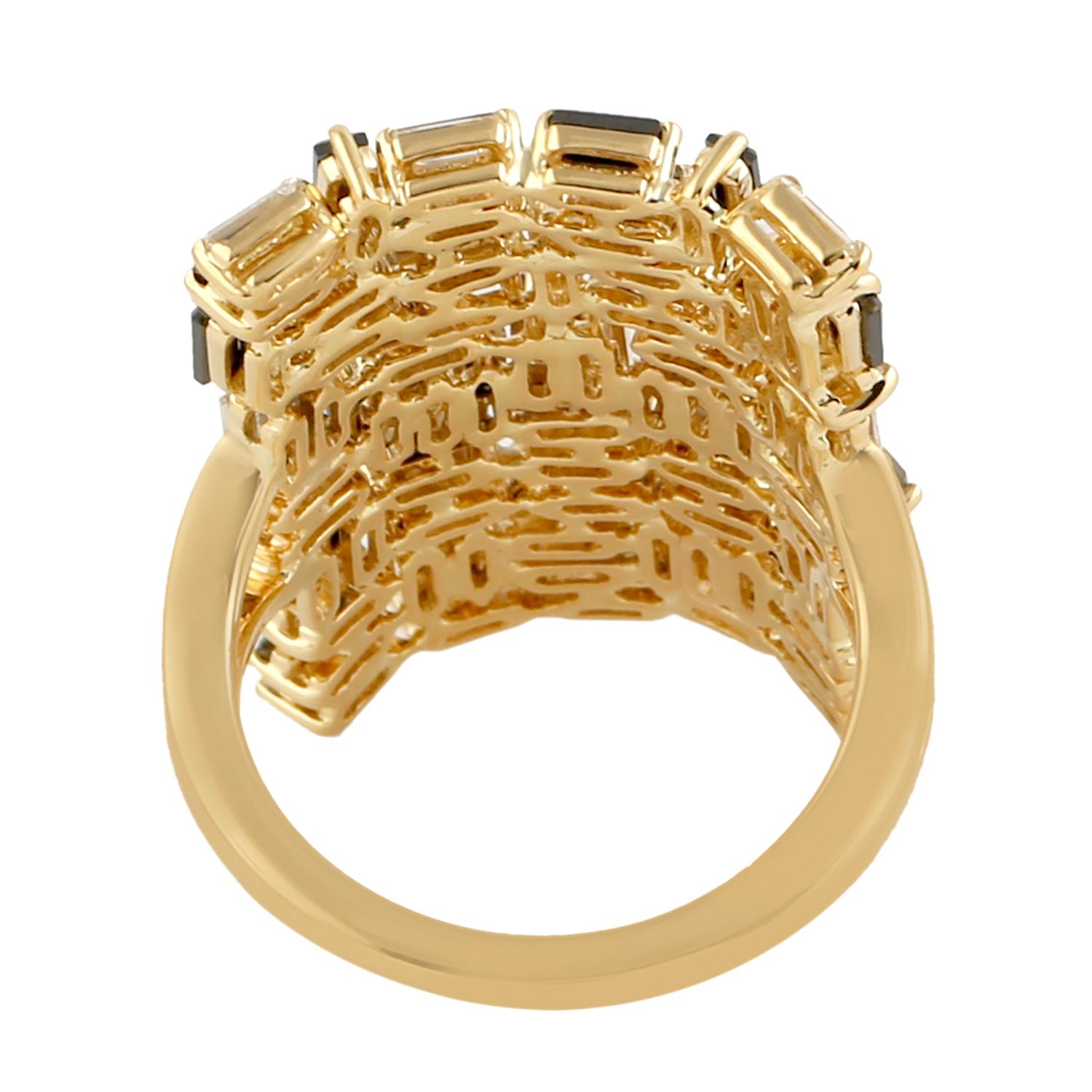 Artisan Black & White Diamond Baguette Abstract Ring Made In 18k Yellow Gold For Sale