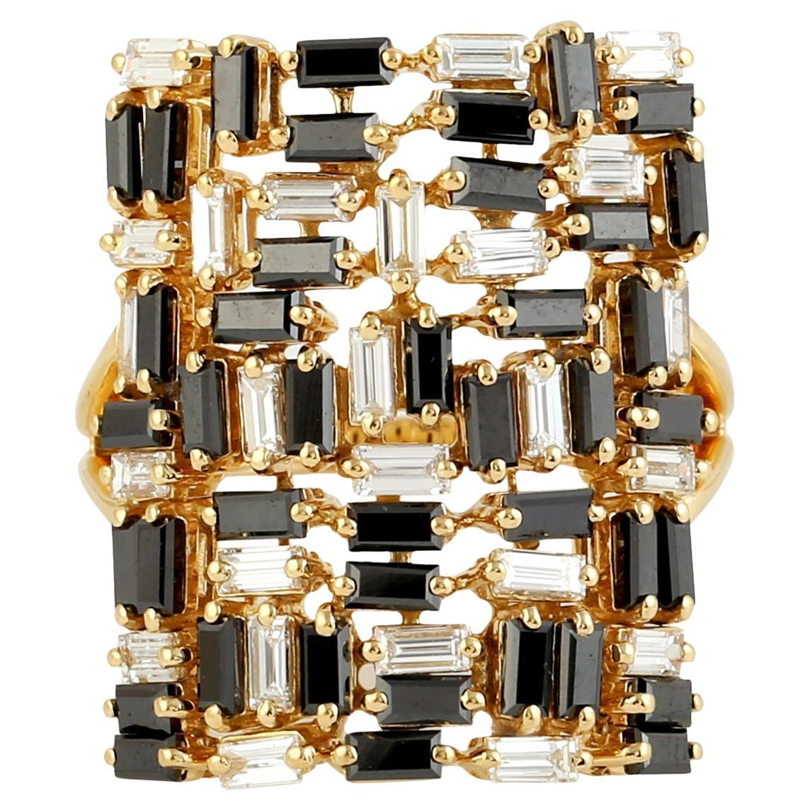 Black & White Diamond Baguette Abstract Ring Made In 18k Yellow Gold
