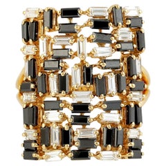 Black & White Diamond Baguette Abstract Ring Made In 18k Yellow Gold