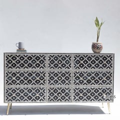 Black & White Diamond Bone Inlay Chest of Drawers, Gold Legs by House of Jaipur