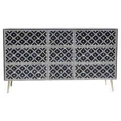 Black & White Diamond Bone Inlay Chest of Drawers, Gold Legs by House of Jaipur