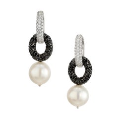 Black & White Diamond Circle Drop Earrings with Akoya Pearls in 18K Gold