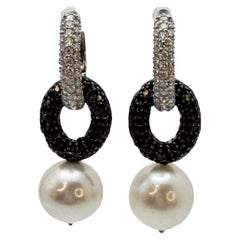 Black & White Diamond Circle Drop Earrings with Akoya Pearls in 18K Gold