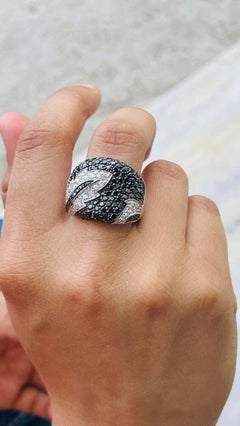 Black White Diamond Cocktail Band Ring Mom Gift in 18k Solid White Gold