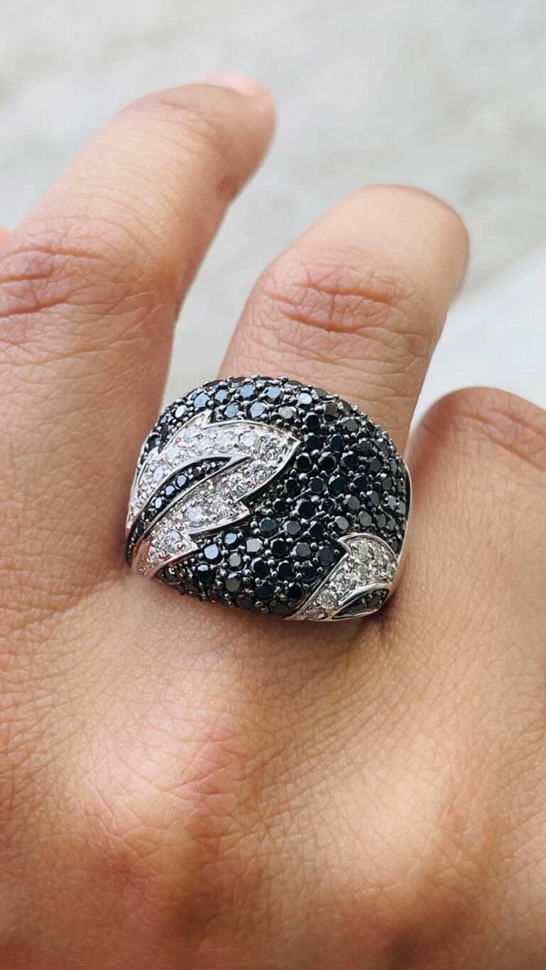 For Sale:  Black White Diamond Cocktail Band Ring Mom Gift in 18k Solid White Gold 4