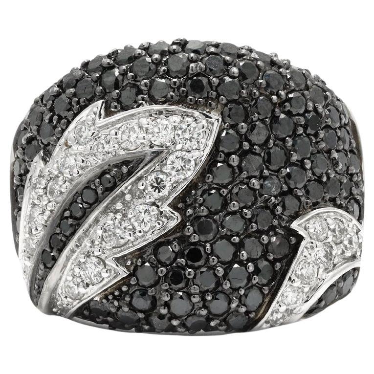 For Sale:  Black White Diamond Cocktail Band Ring Mom Gift in 18k Solid White Gold