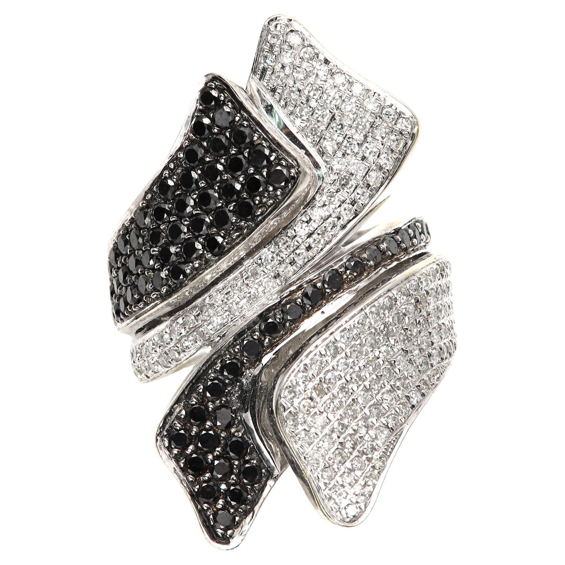 Black White Diamond Flower Ring 14K White Gold Natural Diamonds