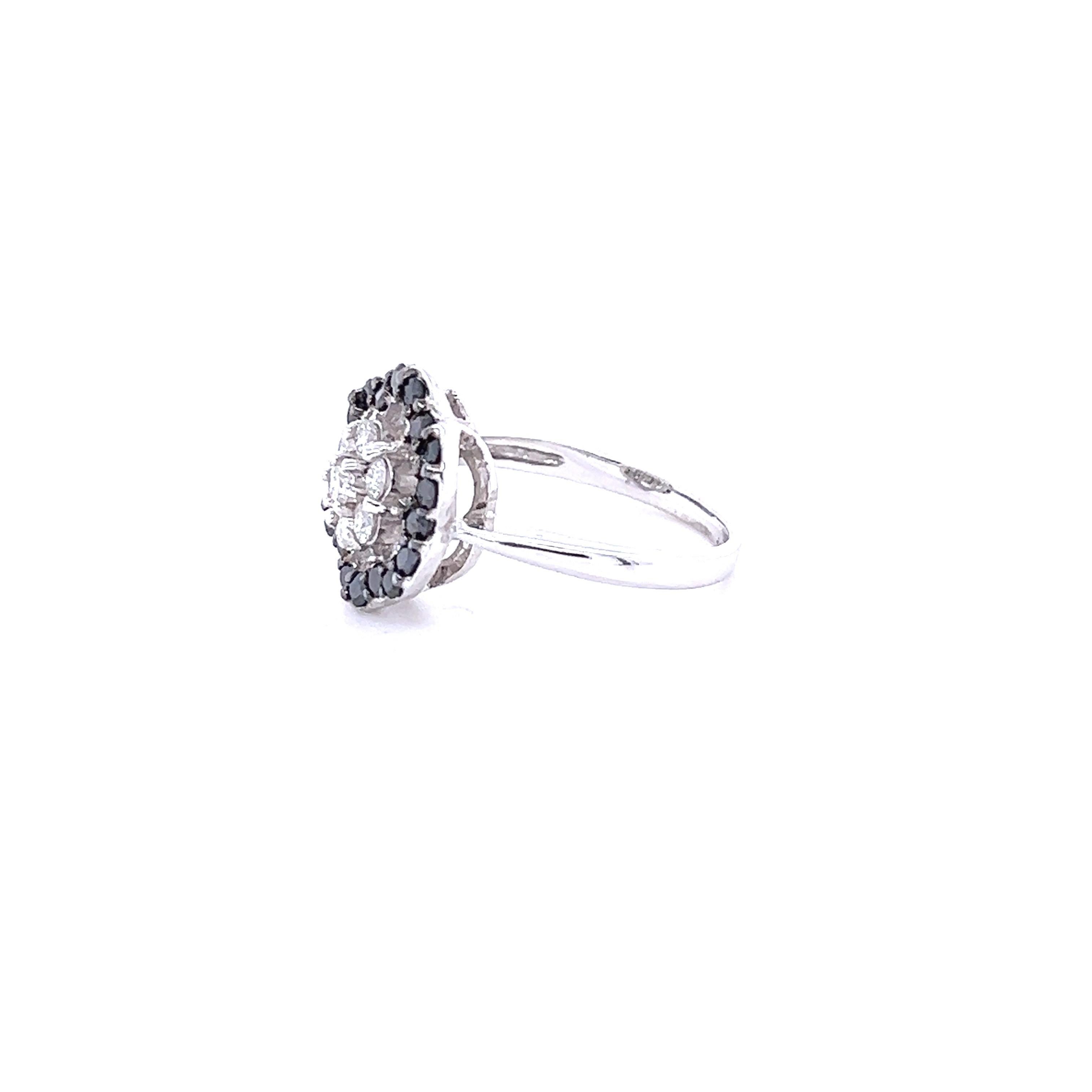 Contemporary Black White Diamond Flower White Gold Ring For Sale