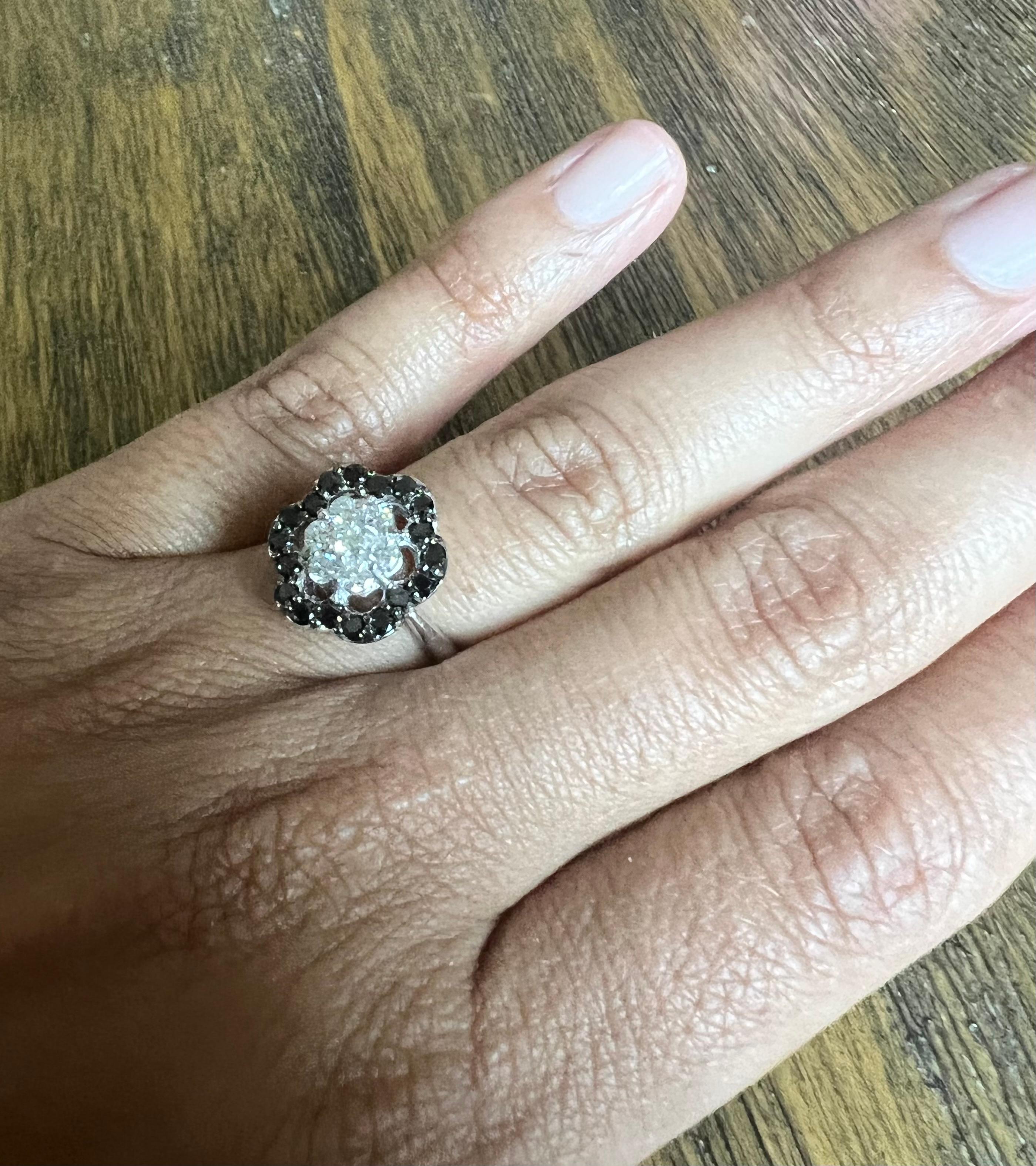 Round Cut Black White Diamond Flower White Gold Ring For Sale