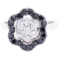 Black White Diamond Flower White Gold Ring
