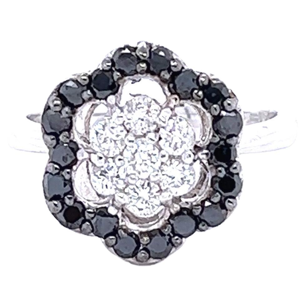 Black White Diamond Flower White Gold Ring For Sale