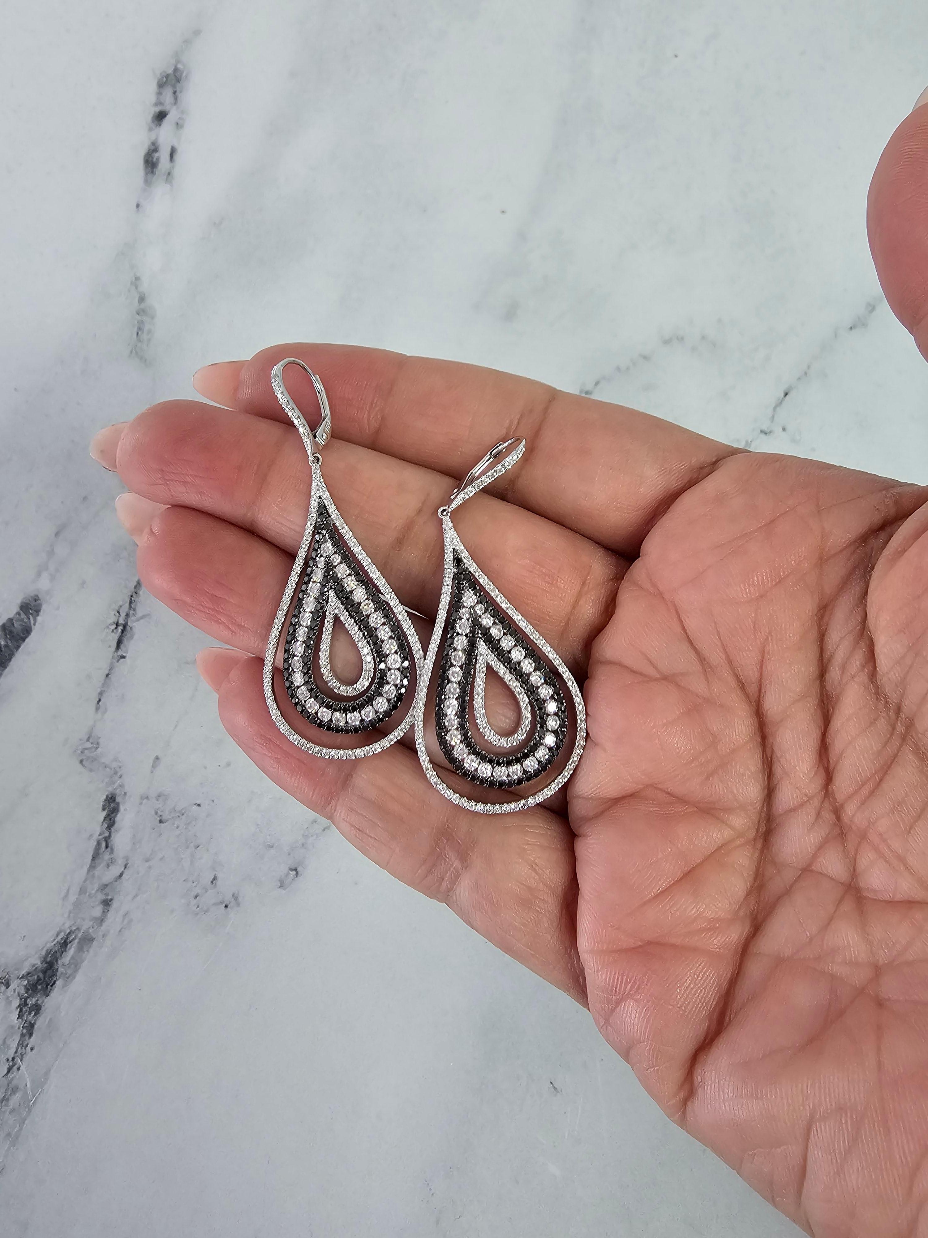 Round Cut Black & White Diamond Pave Earrings 18k White Gold For Sale