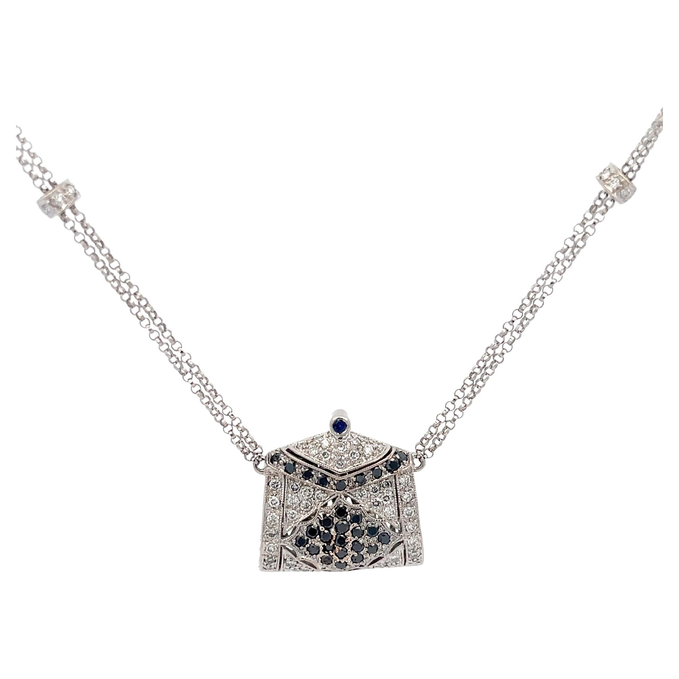 Black & White Diamond Purse Pendant Necklace 18K White Gold For Sale