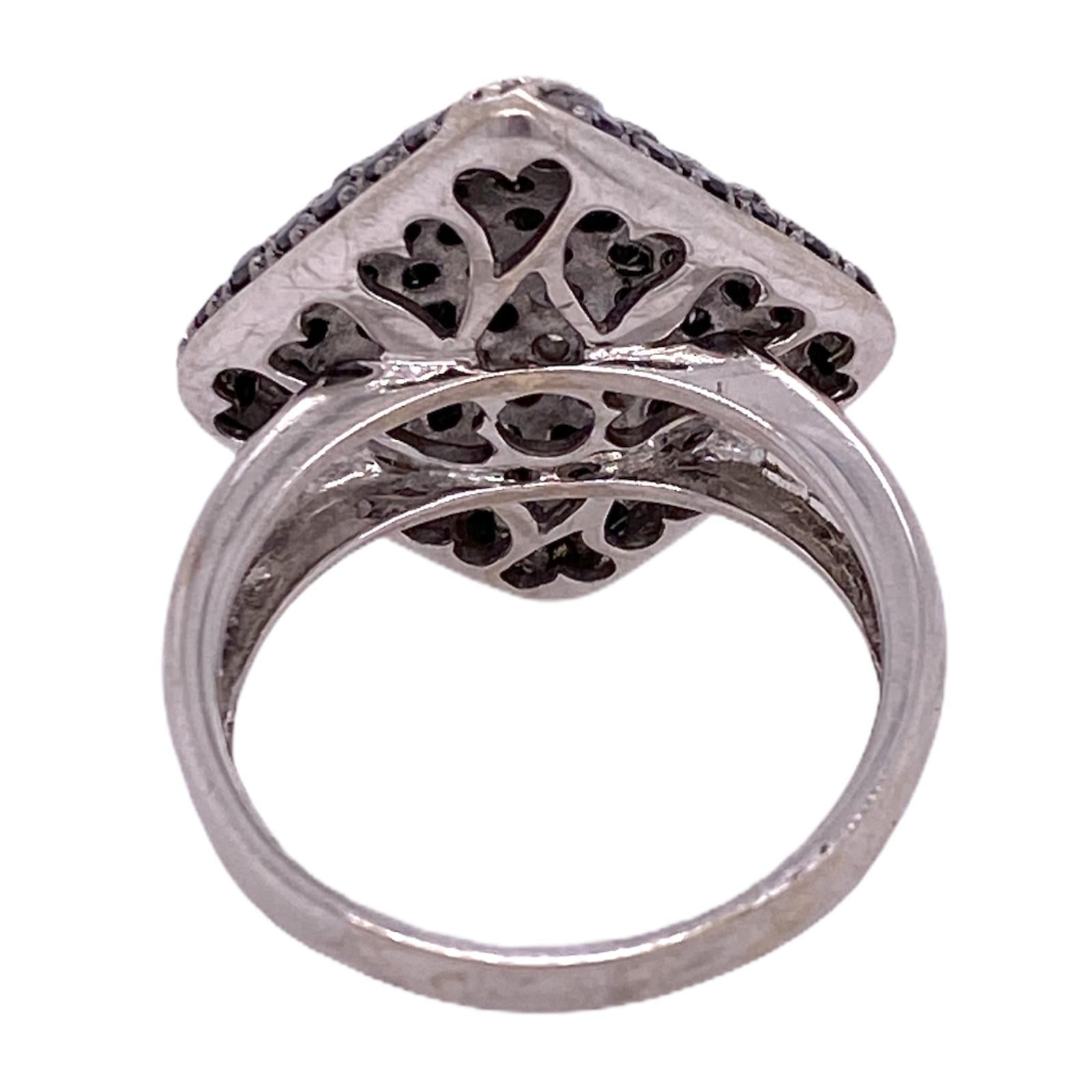 Black and White Diamond Square Modern Right Hand Ring 14 Karat White Gold In Excellent Condition In Boca Raton, FL