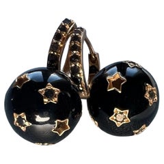 Black White Diamond Star Hoop Earrings, Black Enamel