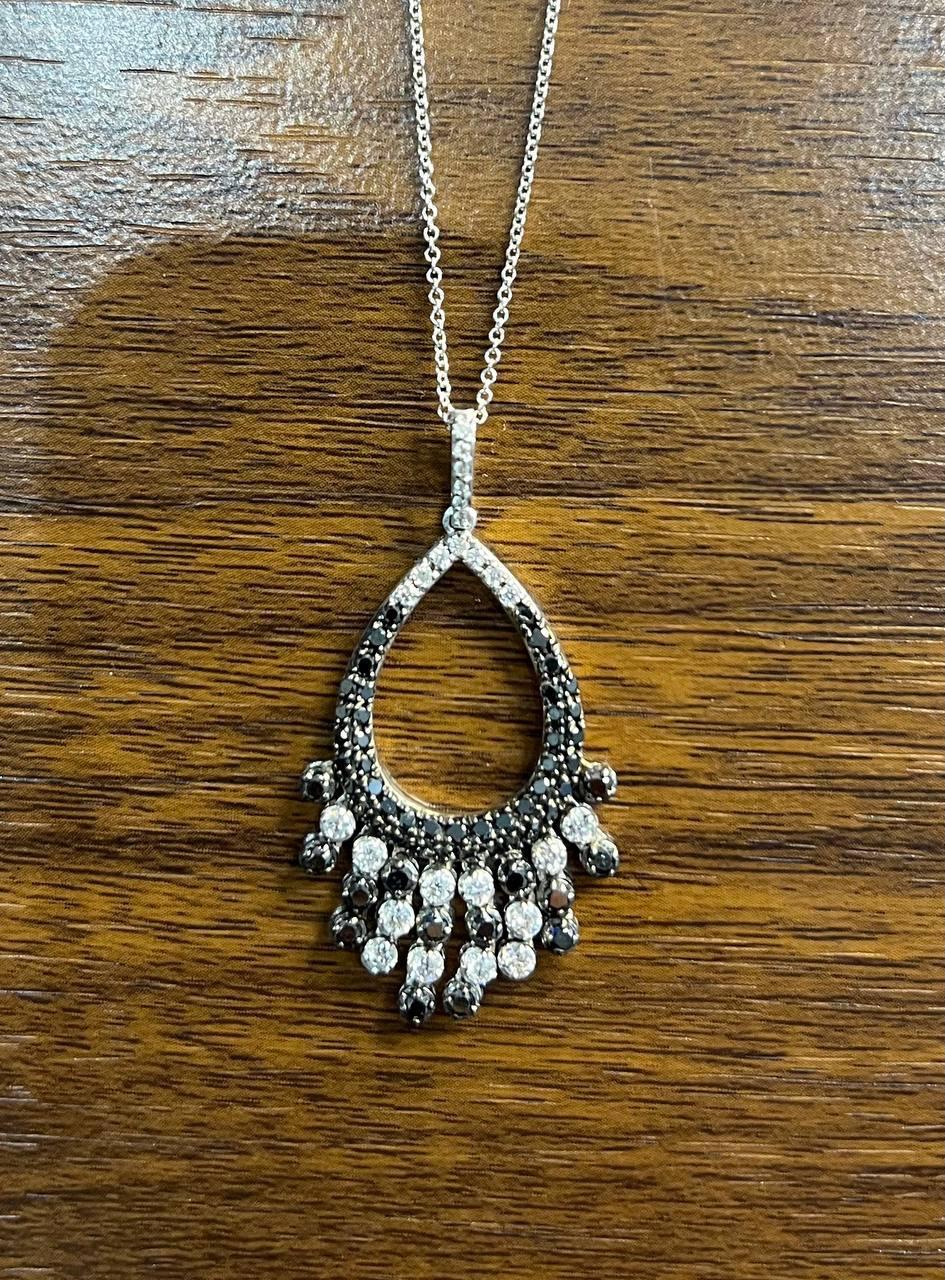 Women's or Men's Black & White Diamonds Pave 14K White Gold Chandelier Tassel Pendant Necklace For Sale