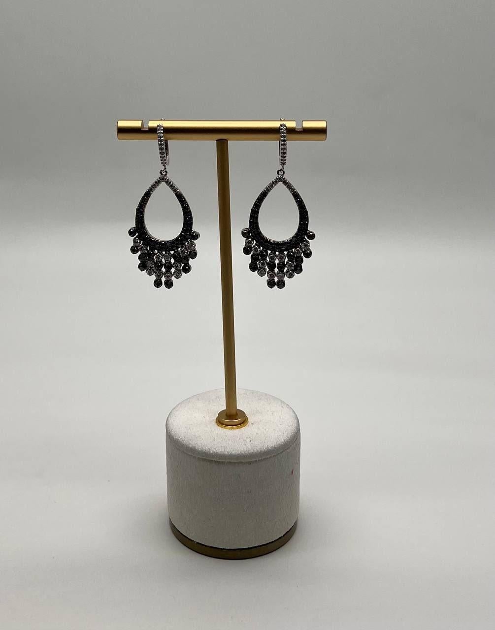 Mixed Cut Black & White Diamonds Pave Set 14K White Gold Chandelier Tassel Dangle Earrings For Sale