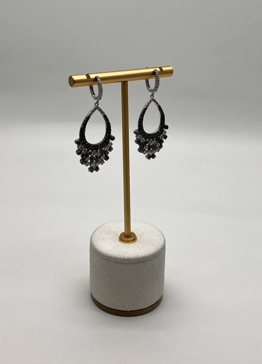 Black & White Diamonds Pave Set 14K White Gold Chandelier Tassel Dangle Earrings For Sale 3