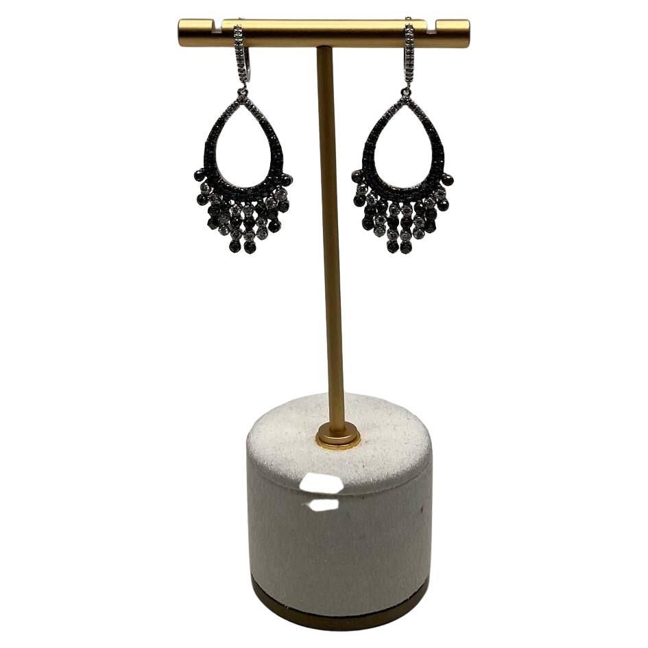 Black & White Diamonds Pave Set 14K White Gold Chandelier Tassel Dangle Earrings For Sale