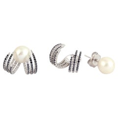 Black & White Diamonds Pearl Earrings Made In 18k White Gold