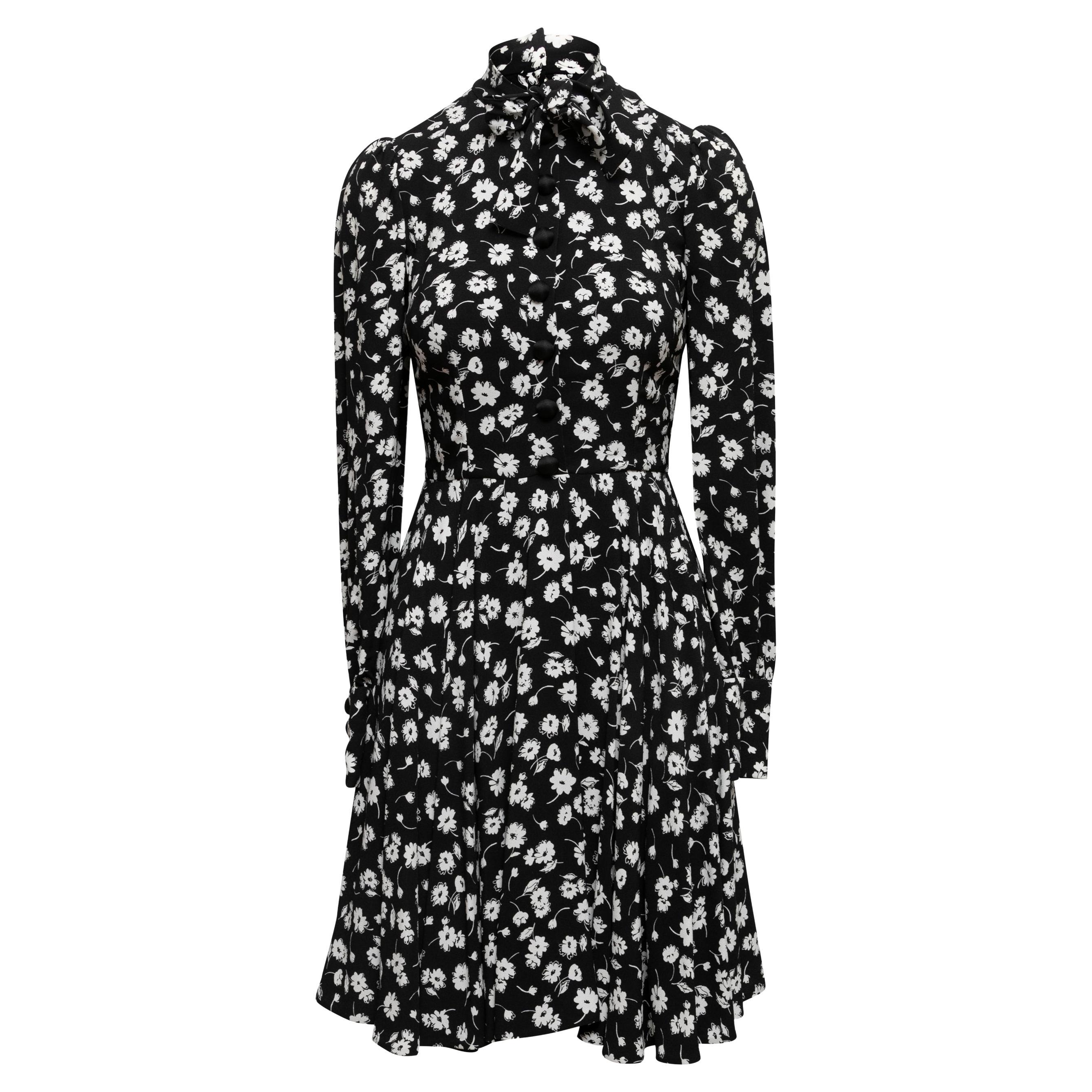 Black & White Dolce & Gabbana Floral Print Long Sleeve Dress For Sale