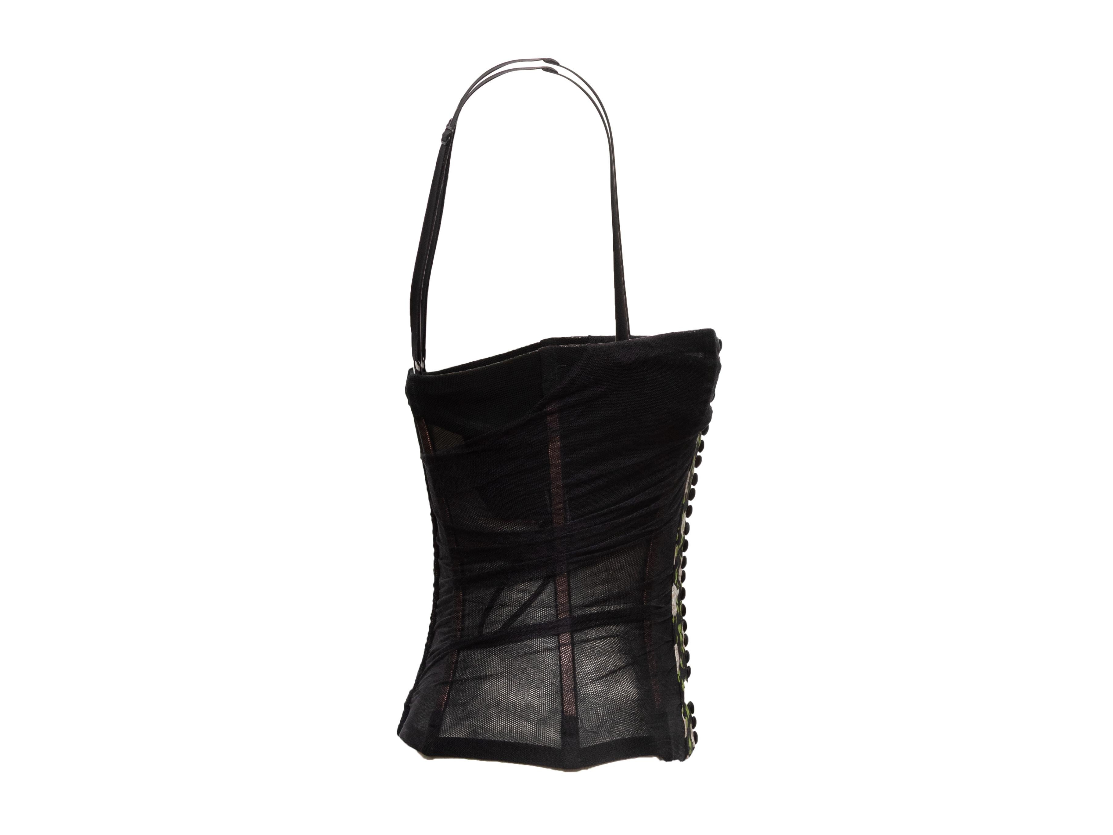 Schwarz-weißes Mesh-Bustier-Top von Dolce & Gabbana. Gerader Halsausschnitt. Schmale Riemen. Geblümte Frontleiste mit Knopfakzenten. Reißverschluss am Rücken. 25