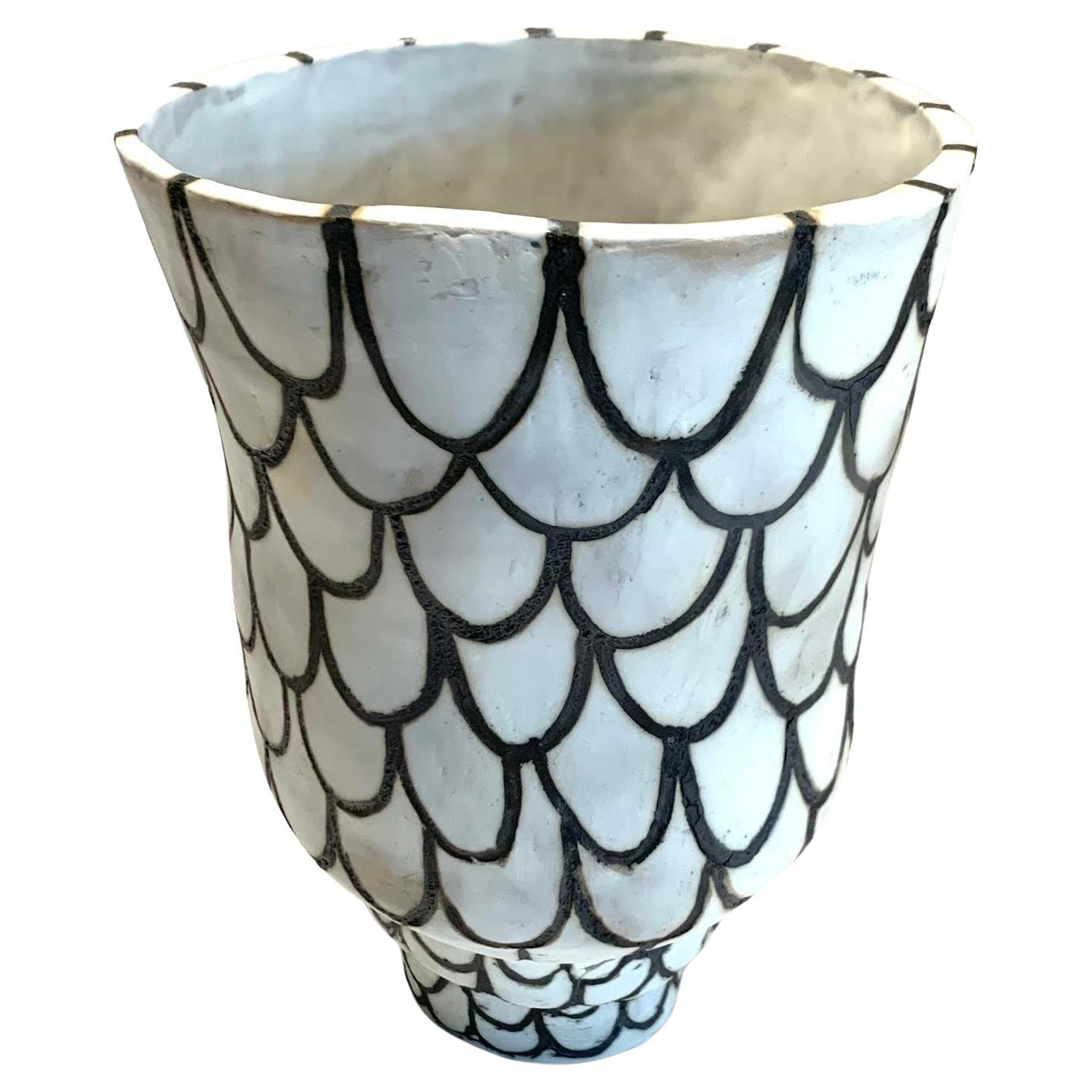 Black & White Fish Scale Design Vase by Ceramicist Brenda Holzke, U.S.A