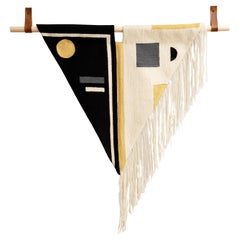 Black + White Fringe Hand Embroidered Geometric Modern Tapestry Wall Hanging