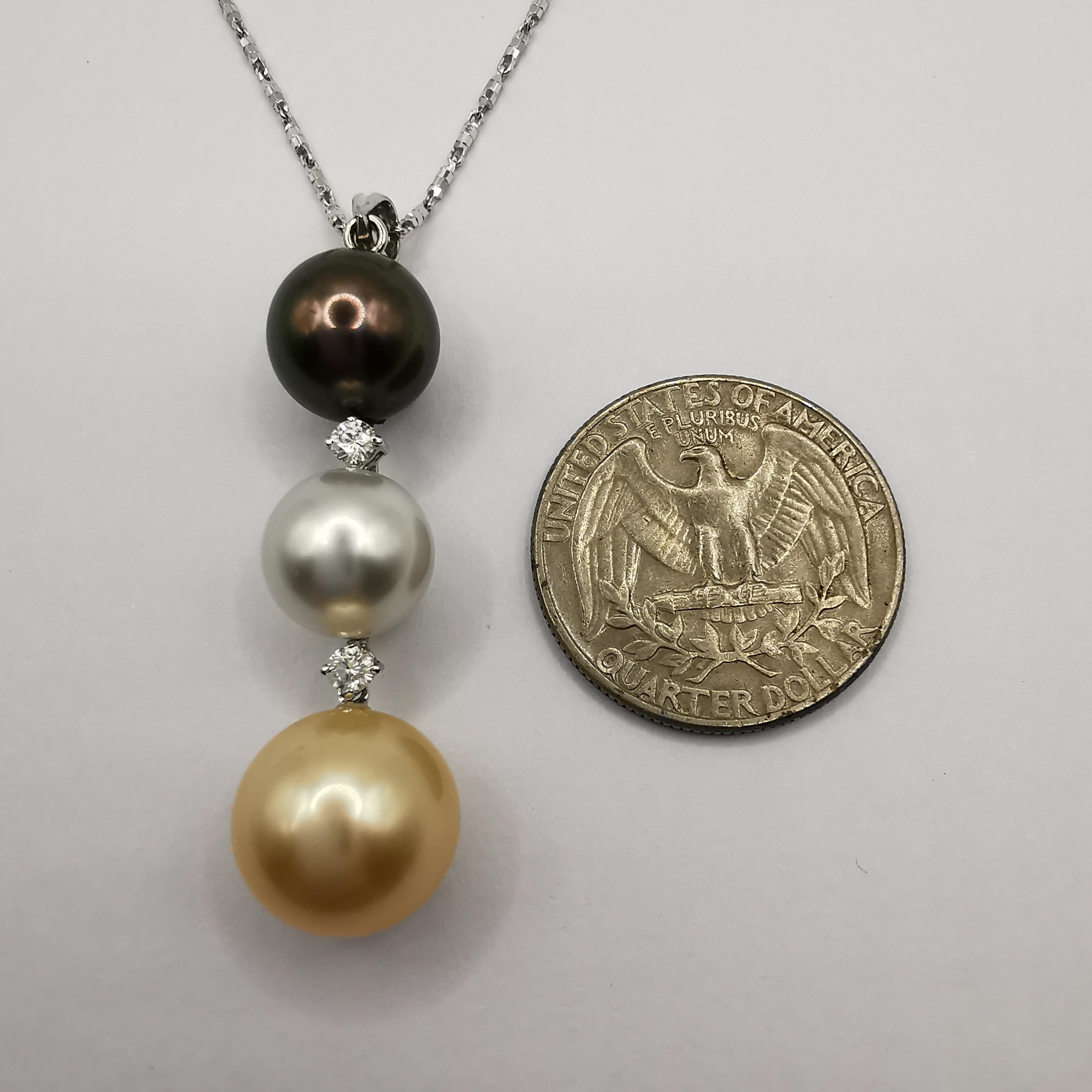 Women's Black, White & Gold Three Pearl Diamond Pendant Necklace in 18K White Gold For Sale