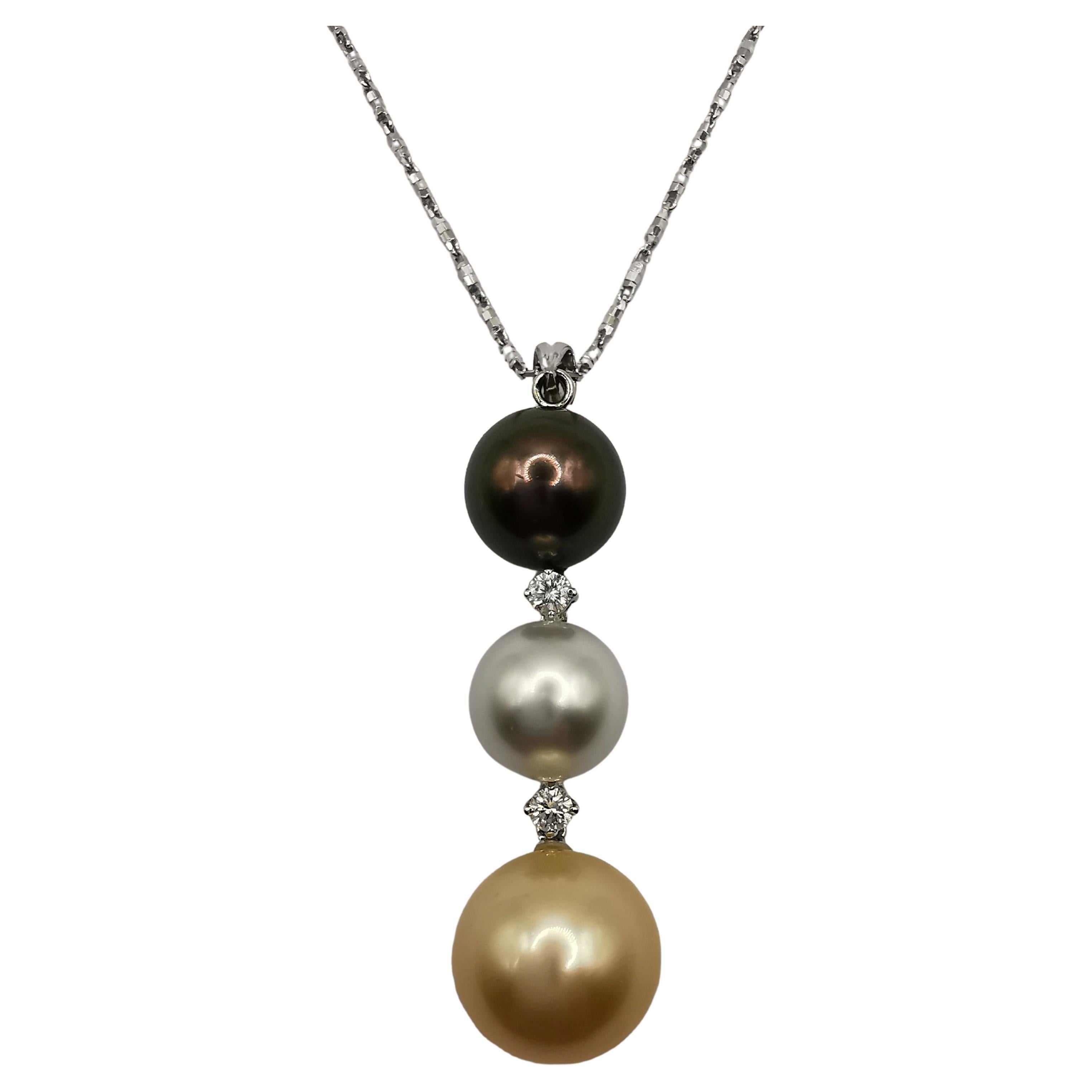 Black, White & Gold Three Pearl Diamond Pendant Necklace in 18K White Gold For Sale