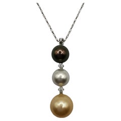 Black, White & Gold Three Pearl Diamond Pendant Necklace in 18K White Gold
