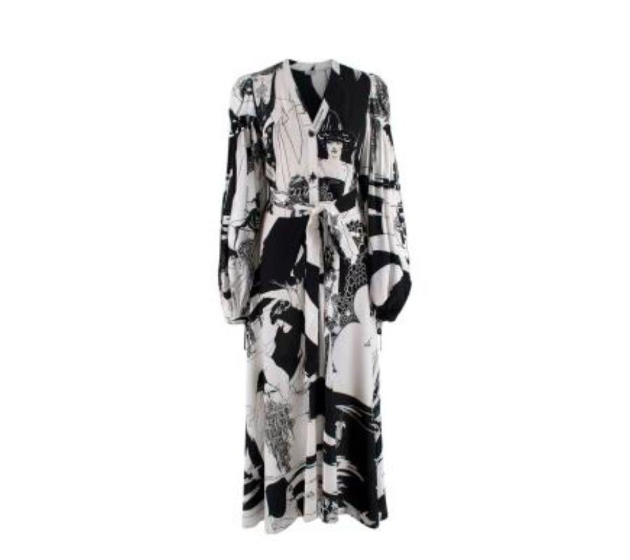 Loewe Black & White Graphic Print Crepe Dress
 
 - All over monochrome figure print in an Art Deco style
 - V-neck, button throuhg
 - Long blouson sleeves
 - Self-tie fabric belt
 
 
 Material:
 100% Viscose 
 Machine Wash
 
 9 very good condition,