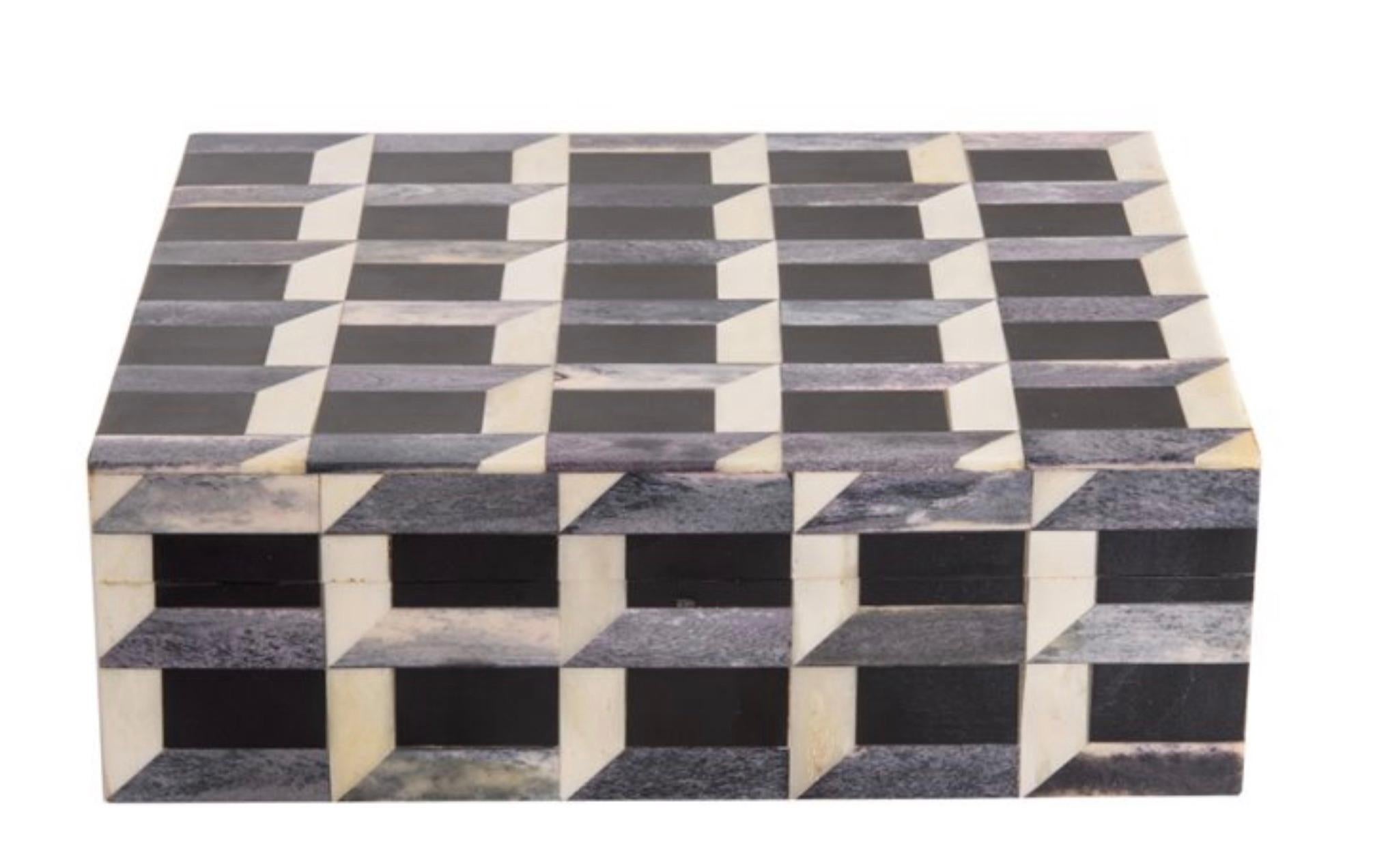 Contemporary Indonesia inlaid black, white and grey bone checkerboard pattern box.
  