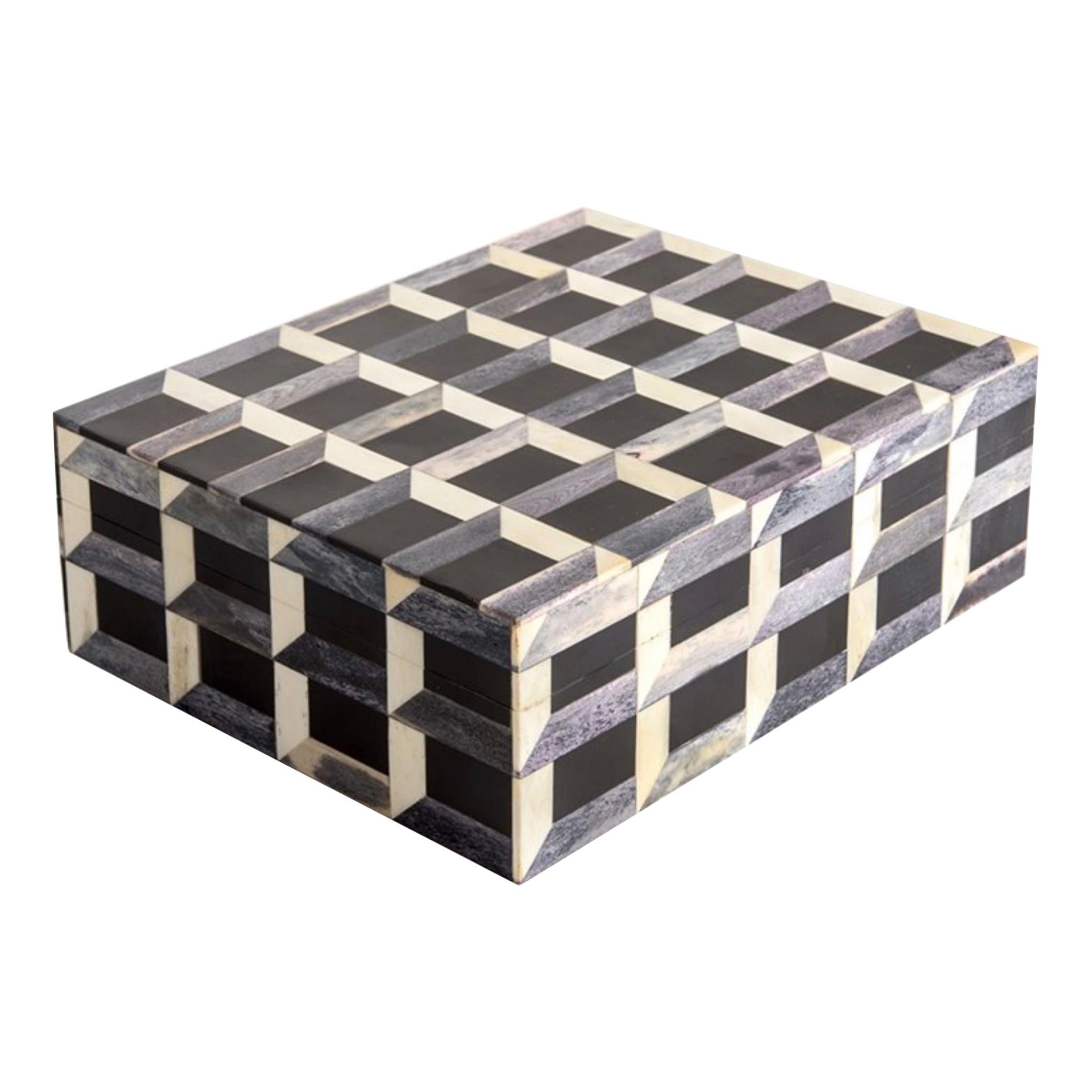Black, White, Grey Checkerboard Bone Lidded Box, Indonesia, Contemporary