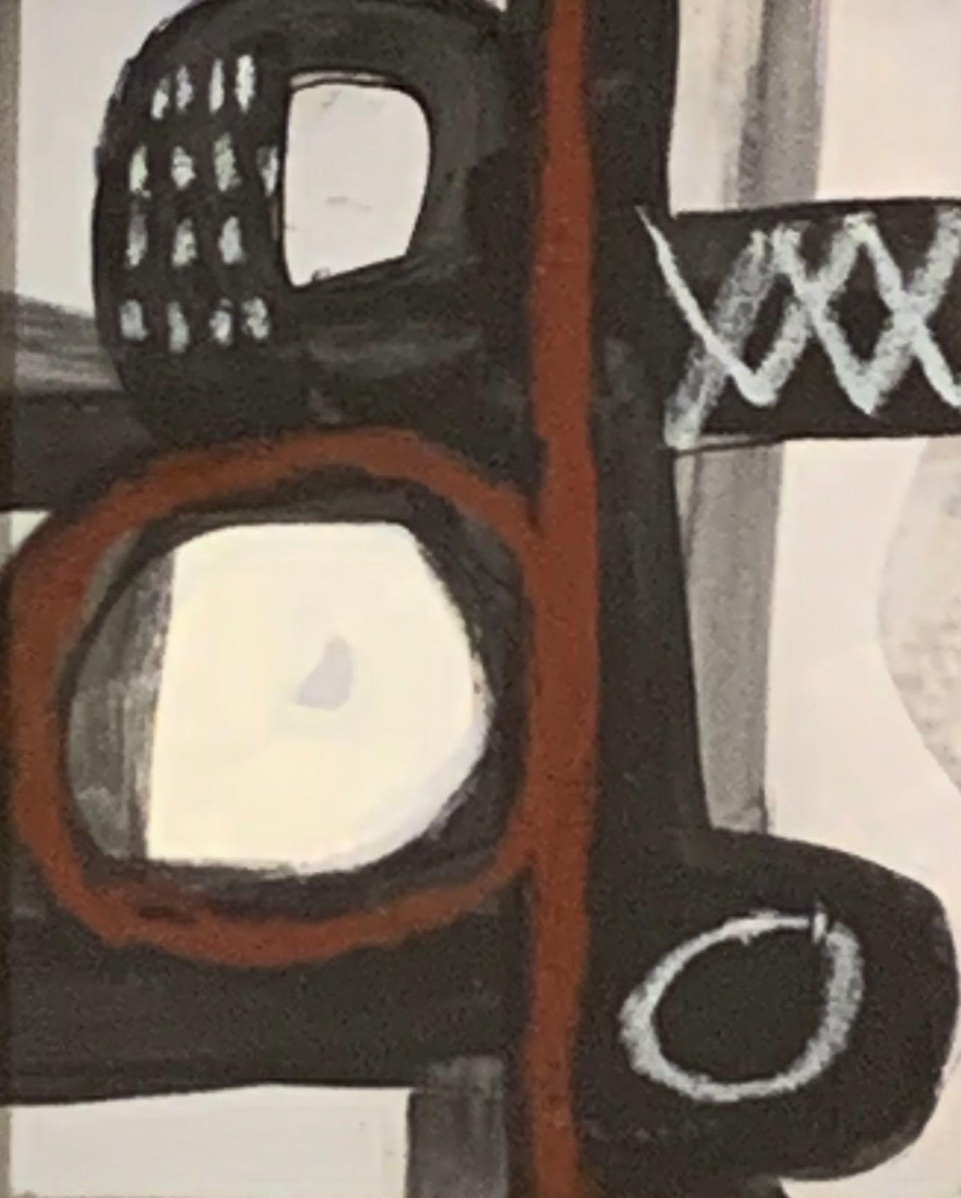 Contemporary Black, White, Grey with Red Abstract Gouache Painting by Shawn Savage, U.S.A.