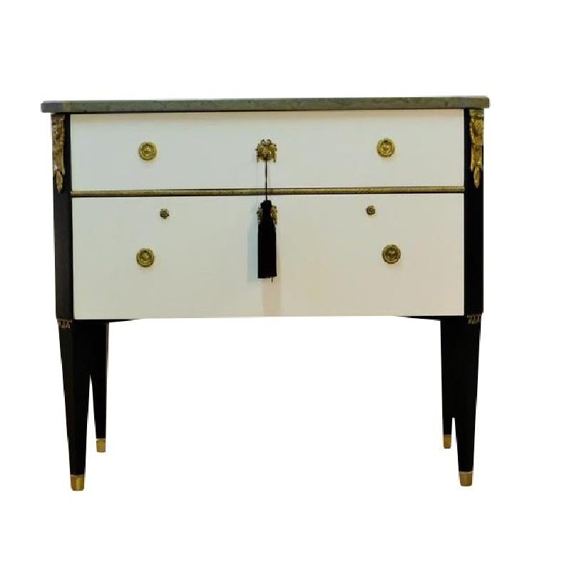 Gustavian Hauptbyrå with marble slab and frame in full matt black, redesigned with Coco Chanel design white and black pattern. Marble slab in grey hue marble. Fine original fittings in solid brass to edges and 2 drawers. 
Measures: Width: 101cm /
