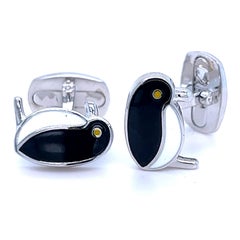 Black White Hand Enameled Penguin Shaped Sterling Silver Cufflinks
